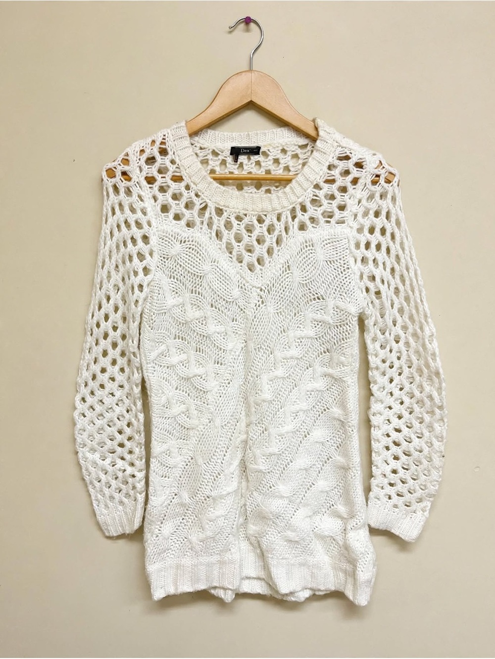 Dex White Open-Knit Cable Crewneck Sweater